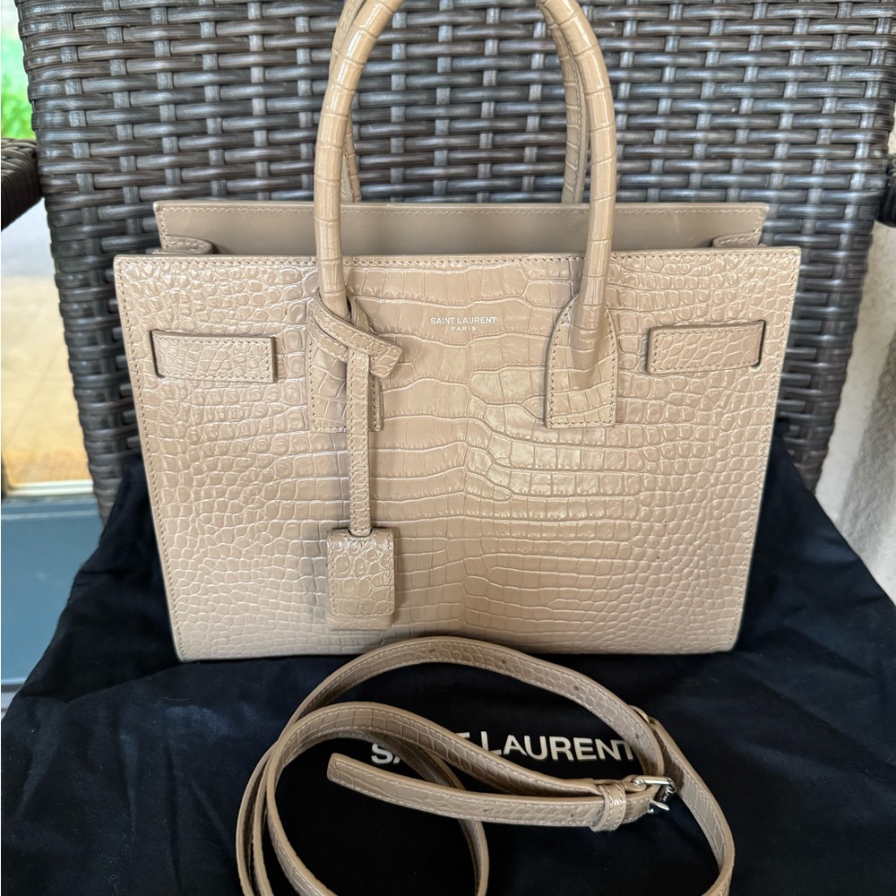 Saint Laurent Taupe Croc-Embossed Satchel